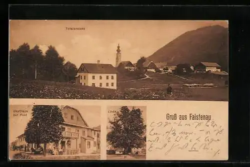 AK Faistenau, Gasthaus zur Post, Linde, Totalansicht mit Kirche