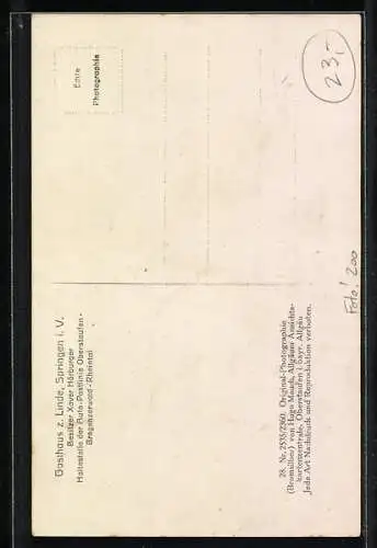 AK Springen /Vorarlberg, Gasthaus zur Linde, Autobus, Ortsansicht mit Säntisgruppe