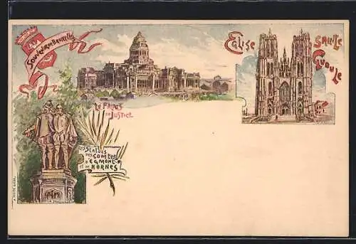 Künstler-AK Brüssel / Bruxelles, Eglise Sainte Gudule, Le Palais de Justice, Les Statues des Comtes d`Egmont de Hornes