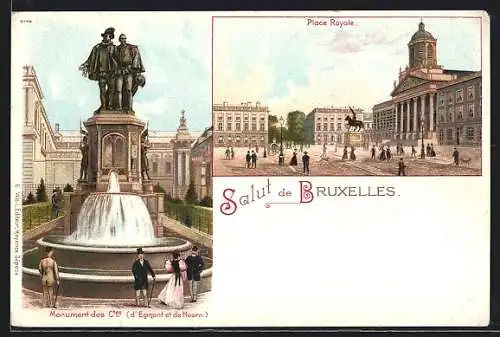 Künstler-Lithographie Brüssel / Bruxelles, Place Royale, Monument des Ctes