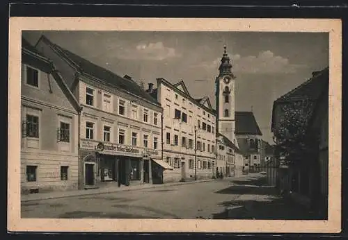AK Eferding, Strassenpartie zur Kirche, Schuhmacher Gustav Stadelmann