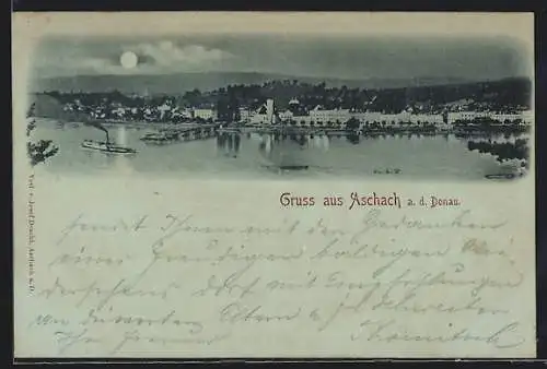 Mondschein-AK Aschach a. d. Donau, Uferpartie mit Dampfer