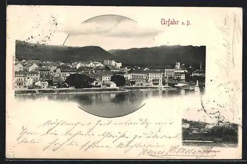AK Urfahr a. D., Uferpartie mit Kirche, Ortspartie
