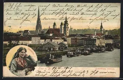 AK Linz a. D., Gesamtansicht, Linzerin im Trachtenkleid
