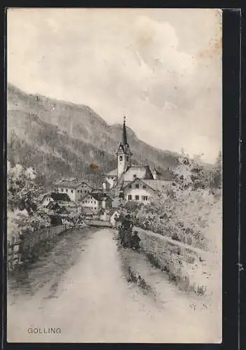 Künstler-AK Golling /Salzach, Ortsansicht vom Landweg