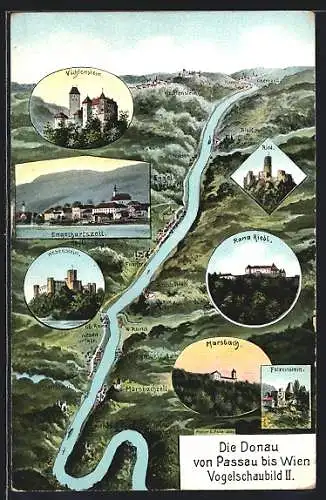Künstler-AK Eugen Felle: Die Donau von Passau bis Linz, Vogelschaubild II.