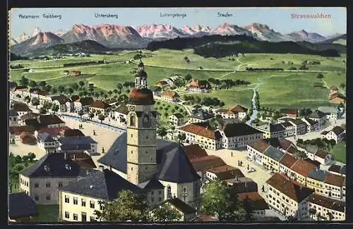 AK Strasswalchen, Blick über die Dächer auf die Berge, Gaisberg, Untersberg, Staufen
