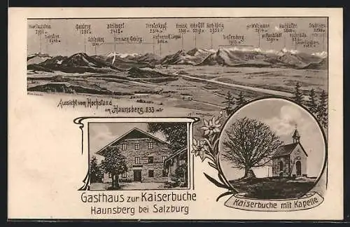 AK Nussdorf am Haunsberg, Haunsberg, Gasthaus Zur Kaiserbuche, Kapelle und Aussicht vom Hochstand