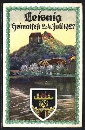 Künstler-AK Leisnig, Heimatfest 2.-4. Juli 1927, Ortsansicht, Wappen