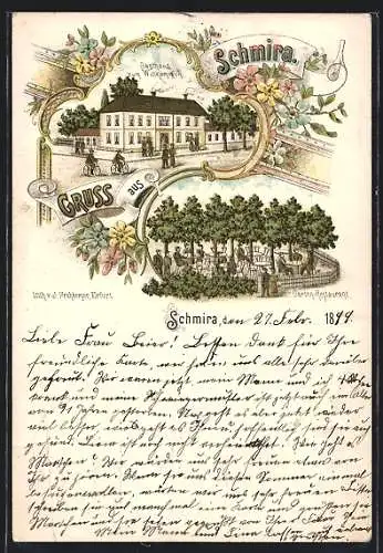 Lithographie Schmira, Gasthaus zum Willkommen mit Garten