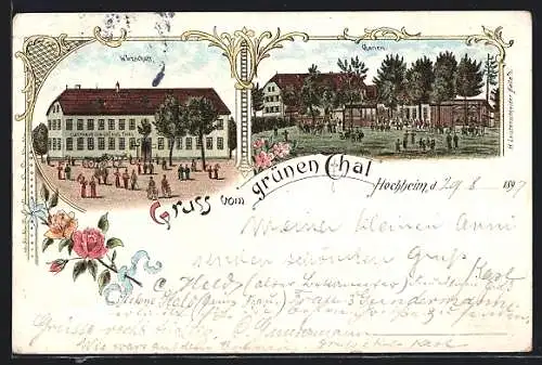 Lithographie Hochheim / Erfurt, Gasthaus zum Grünen Thal mit Garten