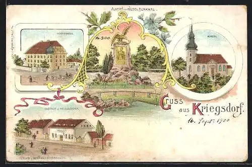 Lithographie Kriegsdorf / Pretzsch, Gasthof, Herrenhaus, Albert von Wedel Denkmal