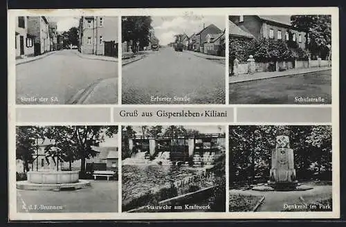 AK Gispersleben-Kiliani, Erfurter Strasse, Strasse der SA, Stauwehr am Kraftwerk