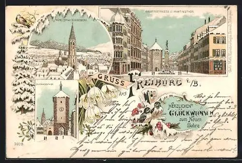 Winter-Lithographie Freiburg i. B., Kaiserstrasse u. Martinsthor, Münster mit Schlossberg