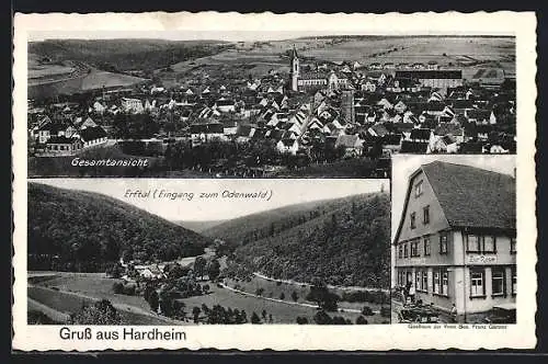AK Hardheim, Gasthaus zur Rose von Franz Gärtner, Gesamtansicht mit Kirche, Erftal