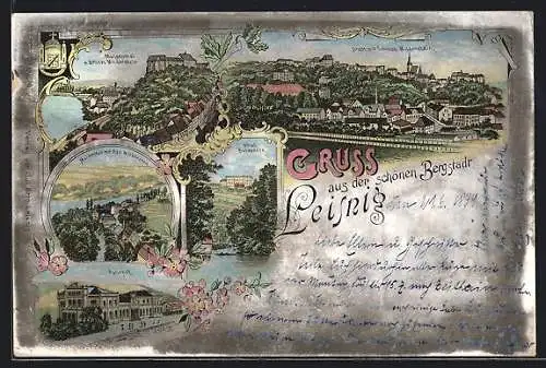 Lithographie Leisnig, Hotel Belvedere, Bahnhof, Schloss Mildenstein