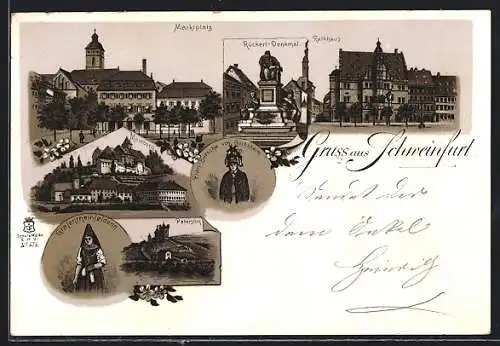 Lithographie Schweinfurt, Rückert-Denkmal, Marktplatz, Rathaus