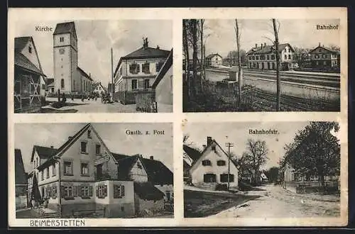 AK Beimerstetten, Gasthof zur Post, Bahnhof, Kirche