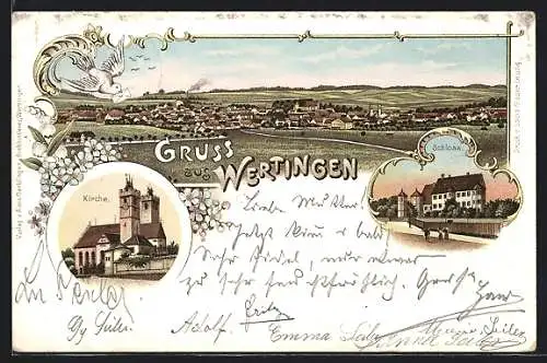Lithographie Wertingen, Teilansicht, Schloss, Kirche