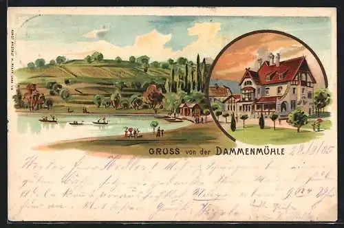 Lithographie Lahr /Baden, Gasthof Dammenmühle, Uferpartie
