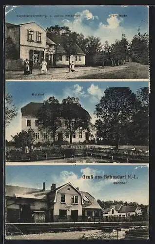 AK Bahnsdorf /N.-L., Kolonialwarenhandlung Julius Petschan an der Dorfstrasse, Gutshof, Bahnhof