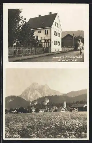 AK Füssen, Das Haus E. Guggemos, Glückstr. 8, Gesamtansicht gegen das Bergmassiv