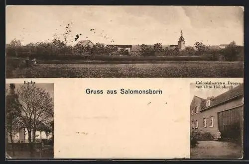 AK Salomonsborn, Colonialwaren und Drogen von Otto Hobohm, Kirche, Gesamtansicht