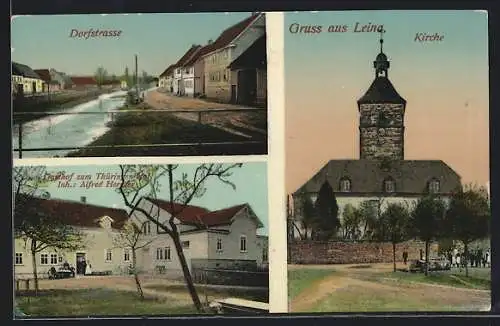 AK Leina, Gasthof zum Thüringer Hof, Inh. Alfred Hercher, Dorfstrasse, Kirche