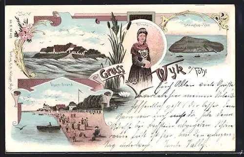 Lithographie Wyk, Totalansicht v. Föhr, Hallig, Strandpartie & Frau in Tracht