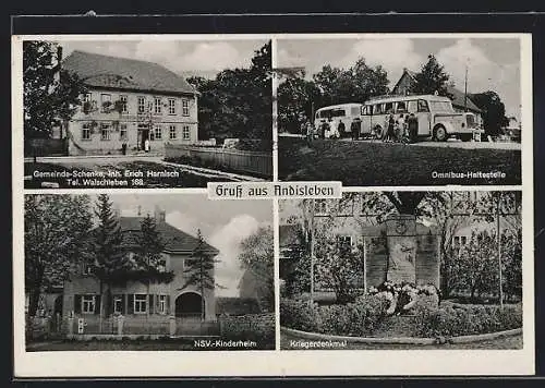 AK Andisleben, Gasthaus Gemeinde-Schenke, NSV-Kinderheim, Omnibus-Haltestelle