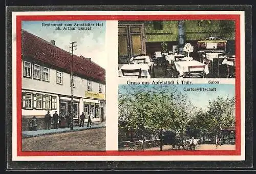 AK Apfelstädt i. Thür., Restaurant zum Arnstädter Hof, Inh. Arthur Genzel, Innenansicht und Gartenwirtschaft