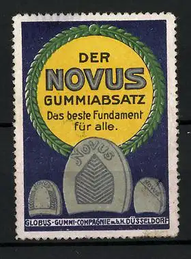 Reklamemarke Novus Gummiabsatz, das beste Fundament für alle, Globus-Gummi-Compagnie Düsseldorf, verschiedene Absätze