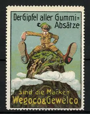 Reklamemarke Wegoco & Gewelco Gummi-Absätze, Bergsteiger mit Absätzen auf einem Gipfel