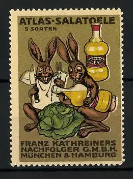 Reklamemarke Atlas-Salatoele, Franz Kathreiners Nachf., München & Hamburg, Hasen machen einen Salatkopf an