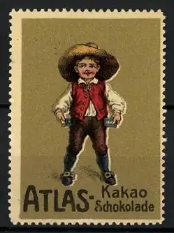 Reklamemarke Atlas-Kakao & Schokolade, Knabe mit Schokolade in den Hosentaschen