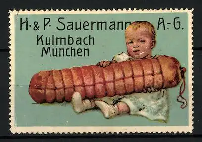 Reklamemarke Kulmbach, H. & P. Sauermann AG, Sauermann's Saft-Schinken, Mädchen mit Schinkenrolle