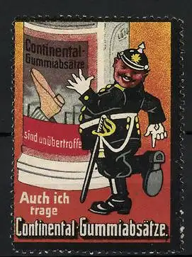 Reklamemarke Continental-Gummiabsätze sind unübertroffen, Polizist tanzt vor einer Litfasssäule