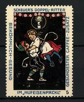 Reklamemarke Scheuer's Doppel-Ritter Kaffeezusatz, im Hufeisenpäckl, Paar beim Tanzen, Bild 5