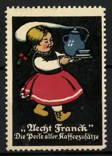 Reklamemarke Aecht Franck Kaffeezusatz, Mädchen mit Kanne und Tasse auf einem Tablett