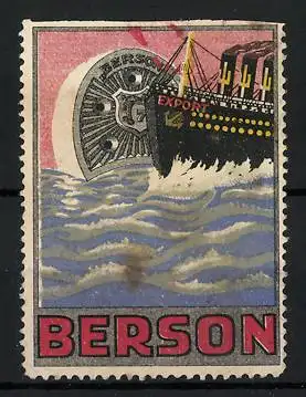 Reklamemarke Berson Gummiabsätze, Handelsschiff Export auf hoher See