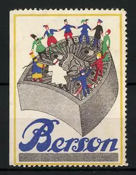 Reklamemarke Berson Gummiabsätze, verschiedene Nationalitäten tanzen auf einem Absatz
