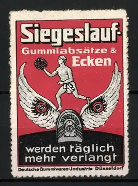 Reklamemarke Siegeslauf-Gummiabsätze und Ecken, werden täglich mehr verlangt, nackter Sportler auf geflügeltem Absatz