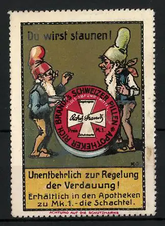 Reklamemarke Apotheker Rich. Brandt's Schweizer Pastillen, angenehmes Abführmittel, Zwerge mit Dose