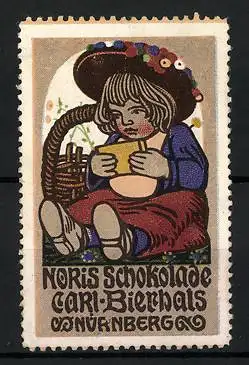 Reklamemarke Noris Schokolade, Carl Bierhals, Nürnberg, Mädchen mit Schokoladentafel auf einer Wiese sitzend