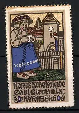 Reklamemarke Noris Schokolade, Carl Bierhals, Nürnberg, Mädchen mit Schokoladentafel vor dem Gartentor stehend