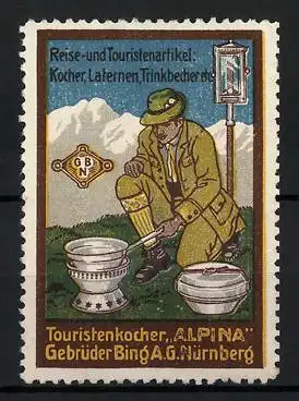 Reklamemarke Touristenkocher Alpina, Gebrüder Bing AG, Nürnberg, Wanderer mit Kocher auf der Wiese