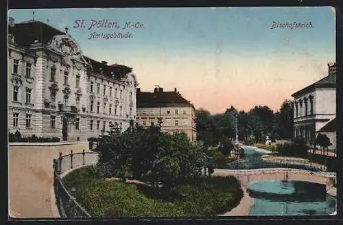 AK St. Pölten, Amtsgebäude, Bischofsteich mit Brücke
