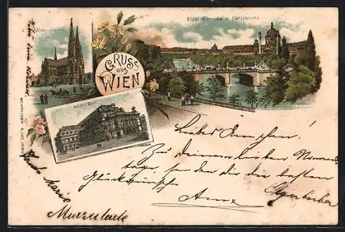 Lithographie Wien, Elisabethbrücke und Karlskirche, Oper, Votiv-Kirche