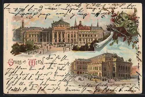 Lithographie Wien I, Burgtheater, Hofoper, Masken