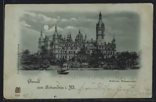 Mondschein-AK Schwerin i. M., Schloss von der Wasserseite